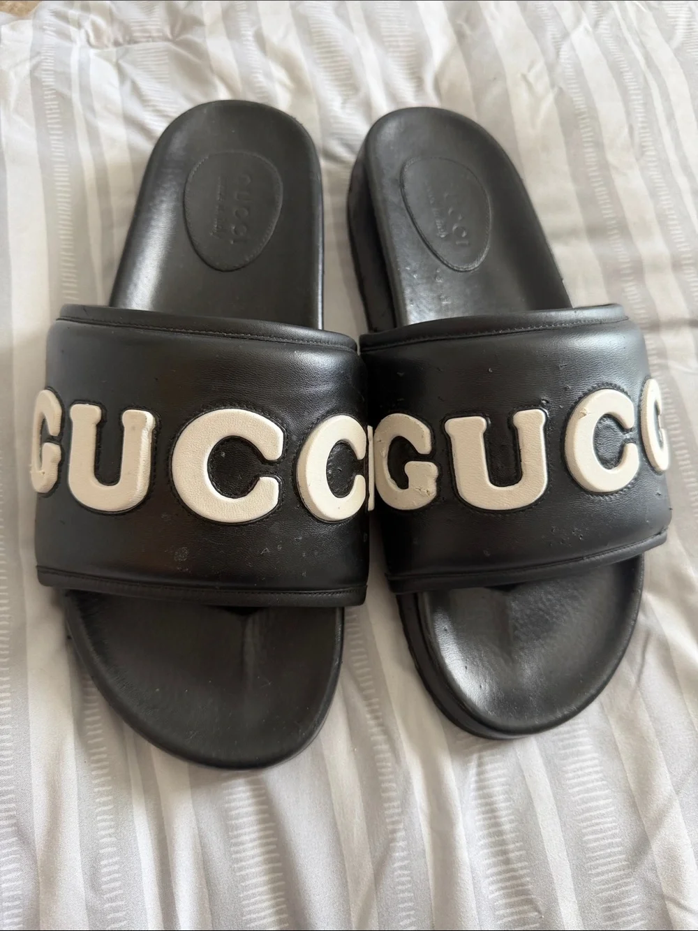 Gucci Black Kids Slide Sandals with White Logo Letters